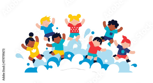 Joyful Group Of Children Playing And Jumping In Water Cartoon Style Illustration