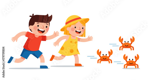 Joyful Pursuits Of Two Children Chasing Crabs With Enthusiastic Energy