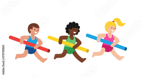 Joyful Group of Diverse Children in Athletic Sprint Holding Colorful Tubular Items