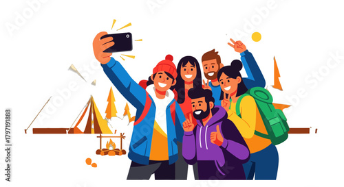 Joyful Group Of Friends Captures Moment Via Selfie During An Evening Camp Trip