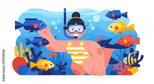 Joyful Snorkeler Interacting With Marine Life In A Colorful Underwater Scene