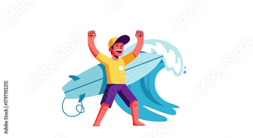 Joyful Surfer Celebrating Success With Surfboard and Huge Wave on Black Background