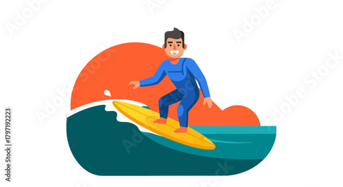 Joyful Surfer Gliding On A Wave Amidst Colorful Sunset, Ocean Adventure Scene