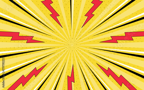 Comic pop art background. Comic book background with thunder and lightning in halftone style.