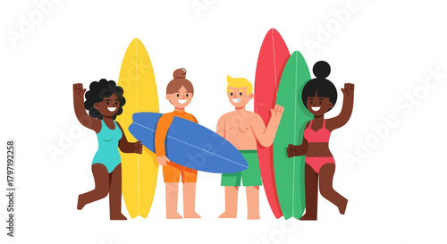 Joyful Surfers Celebrate Together At The Beach With Their Colorful Surfboards