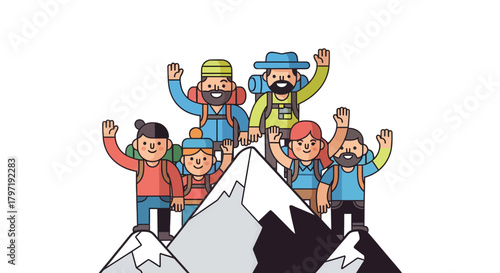 Joyful Group Of Mountaineers Celebrating Peak Achievement With Enthusiasm And Triumph