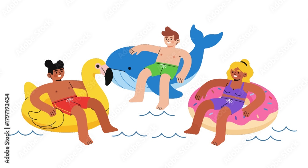 Obraz premium Joyful Trio Relaxes on Water Floats Enjoying Summer Vibes and Coastal Activities