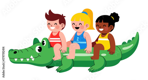Joyful Trio Relaxes on Crocodile Floatation Device Against Black Background
