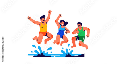 Joyful Trio Leaping Into Aquatic Elements Illustration With Unique Styling