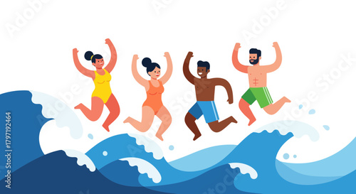 Joyful Group Of People Jumping Over Waves At The Beach On A Sunny Day