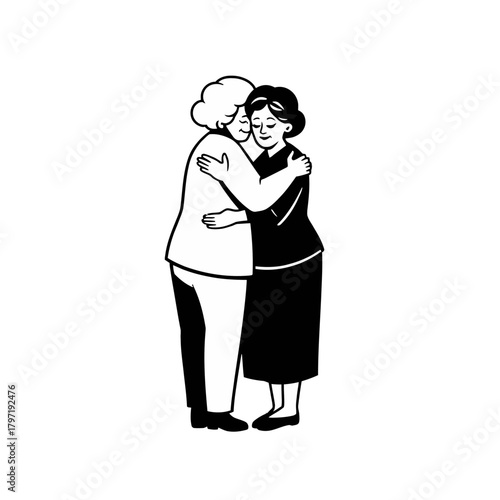 A black and white line art illustration of two women sharing a tender, comforting hug.