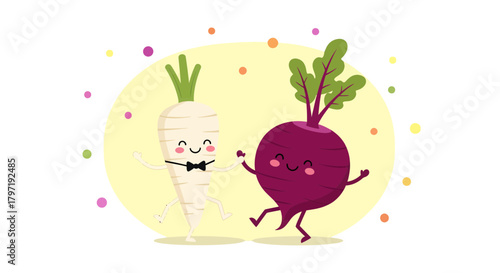 Joyful Vector Illustration of Dancing Root Vegetables with Cheerful Expressions