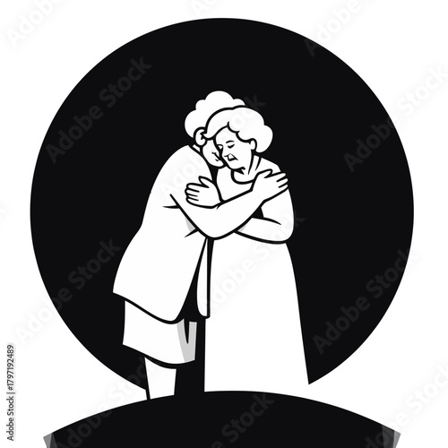 Two women embracing each other with their eyes closed, symbolizing comfort and support.