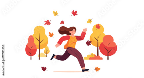 Joyful Woman Leaping Through Autumnal Landscape Surrounded By Falling Leaves