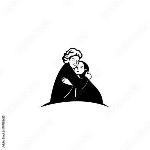 A minimalist black and white illustration of an older woman giving a comforting hug to a younger woman.
