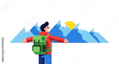Joyful Hiker Celebrating Success With Mountain Views And A Vibrant Sunrise