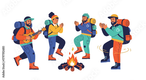 Joyous Backpackers Singing Around Campfire: Animated Celebration of Outdoor Expedition