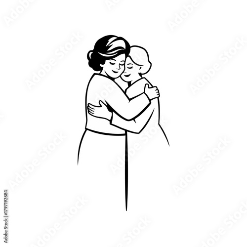 Two women embracing, a heartwarming display of affection and support, rendered in a simple black and white line drawing.