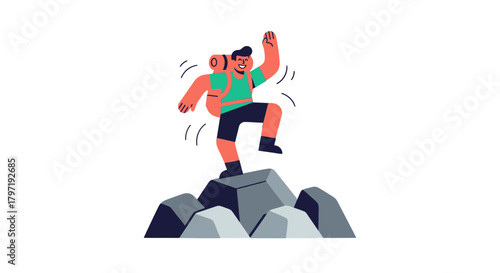 Joyful Hiker Reaching Summit On Rocky Mountain with Backpack and Excitement