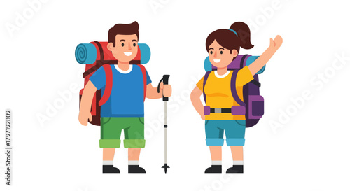 Joyful Hikers Together Ready Embrace Adventures in Nature with Backpacks and Hiking Poles