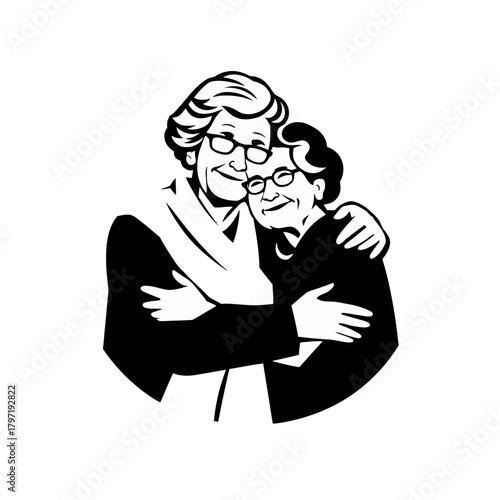 Two elderly women with glasses embracing each other warmly, depicted in a black and white illustration.