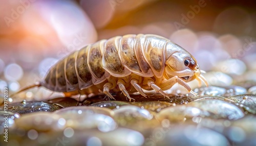 Detailed biological close-up of a sea louse resting on wet fish scales, focusing on microscopic textures, soft reflections, and the contrast between the parasite’s body and the scales beneath.