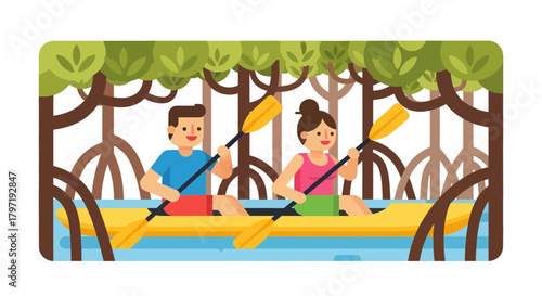 Kayak Adventure: Couple Paddling Through Lush Mangrove Forest In Vivid Illustration