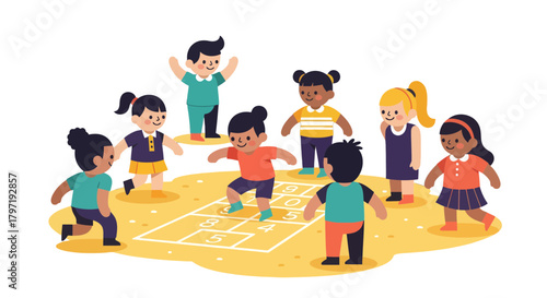 Joyful Illustration Capturing Children Playing Hopscotch on Sunny Ground with Friends