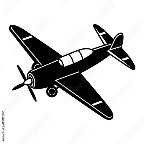 Classic propeller airplane flying silhouette isolated on white background isolated on transparent background