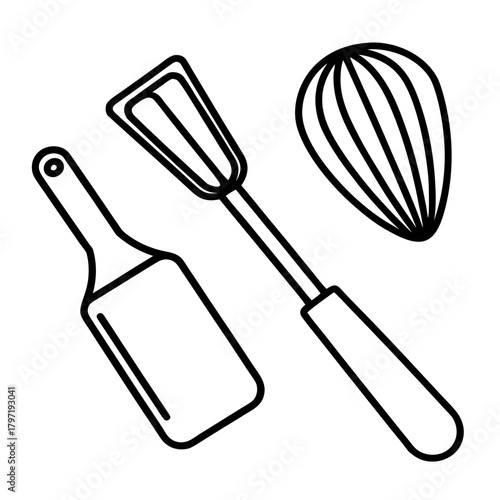 Outline drawing of kitchen utensils including a spatula whisk and scraper isolated on white background isolated on transparent background silhouette