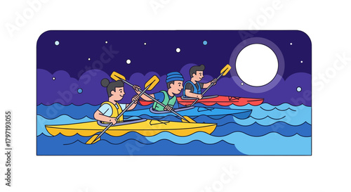 Kayak Adventure Under The Night Sky With Starry Display And Glowing Moon
