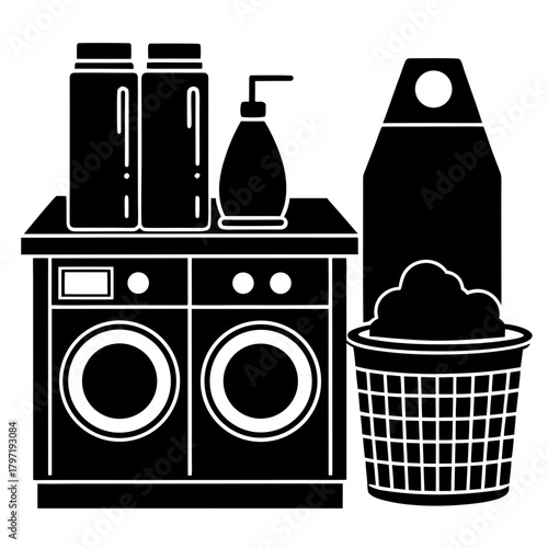 Laundry room scene with washing machines detergent and laundry basket isolated on white background isolated on transparent background silhouette