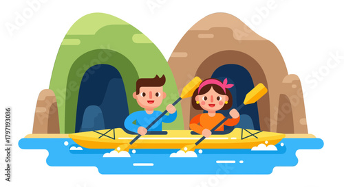 Kayak Adventure With Couple: Joyful Paddling on a Peaceful River Scene, Travel Theme