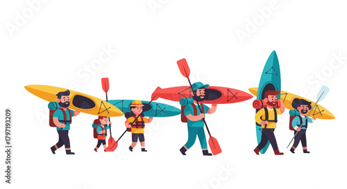 Kayak Adventures: Group Expedition Carrying Kayaks, Paddles, and Gear for a Voyage