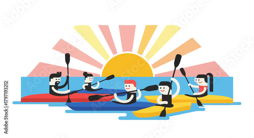 Kayak Adventures: Group Paddling Under a Vibrant Sunrise or Sunset Concept Illustration
