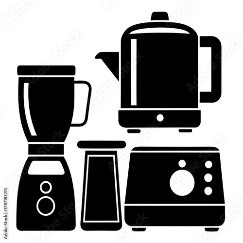 Collection of kitchen appliances including a blender kettle and toaster silhouette isolated on white background isolated on transparent background