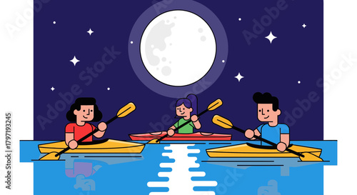 Kayak Night Voyage Under A Crescent Moon With Friends Enjoying The Water