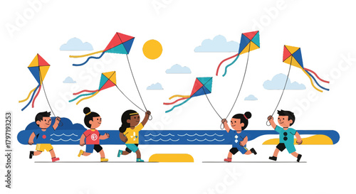 Joyful Kids Running With Vibrant Kites Against A Dark Background On Sunny Day