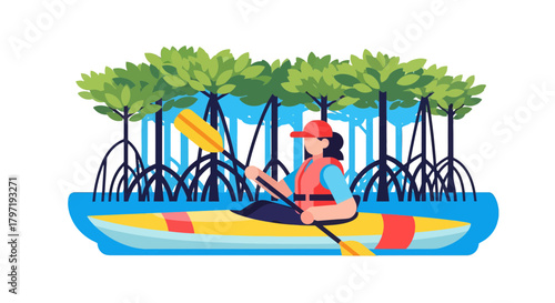 Kayaker Exploring Mangrove Swamps While Enjoying The Serenity Of Nature