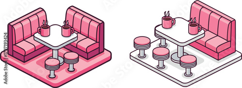 Cute isometric pink cafe booth seating illustration with coffee mugs, retro diner table setup, cozy restaurant interior design for modern graphics