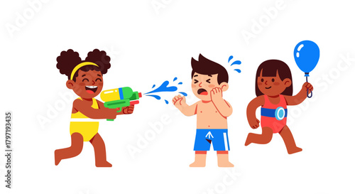 Kids Playing With Water Gun And Balloon Joyfully On A Summer Day Fun Activity In Parks