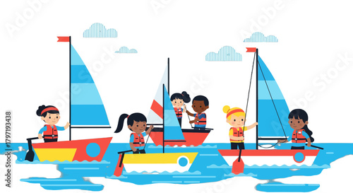 Kids Sailing Together on Colorful Sailboats and Enjoying a Beautiful Day on the Water