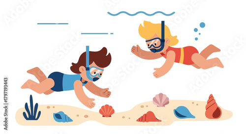 Kids Snorkeling Underwater Exploring Colorful Tropical Seashells and Ocean Creatures