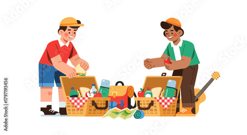 Joyful Outing: Friends Enjoying a Picnic Together Outdoors with Snacks and Guitar