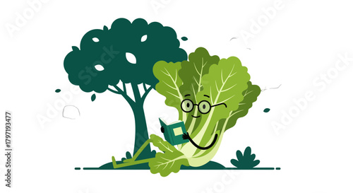 Lettuce Enjoying A Book Under A Tree With A Happy Facial Expression And Glasses