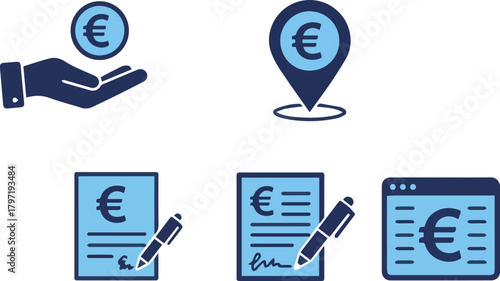 Financial management and business transaction icon set in a flat vector style, illustrating concepts like euro currency, online banking, and signing legal contracts