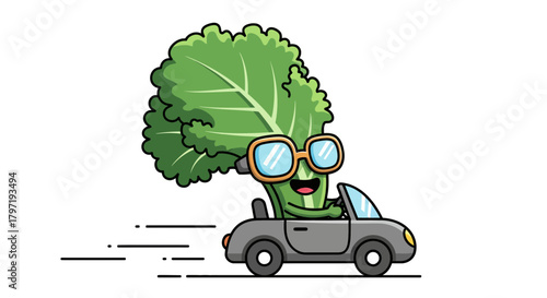 Lettuce Character Enjoying A Joyride In A Convertible Car, Smiling And Wearing Sunglasses
