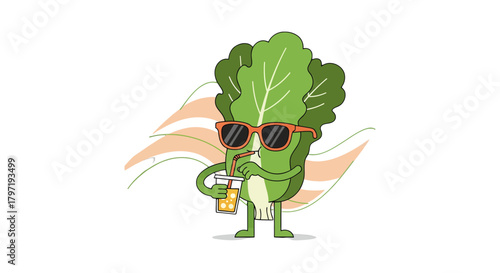 Lettuce Character Enjoying Refreshing Drink with Wings on Black Background