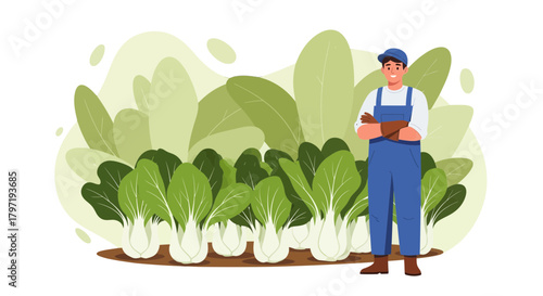 Local Farmer Proudly Standing Beside Fresh Bok Choy Ready To Harvest For The Market