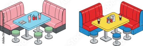 Retro isometric diner booth interior with colorful seating, milkshakes, condiments, stools, and classic vintage restaurant table setup illustration
